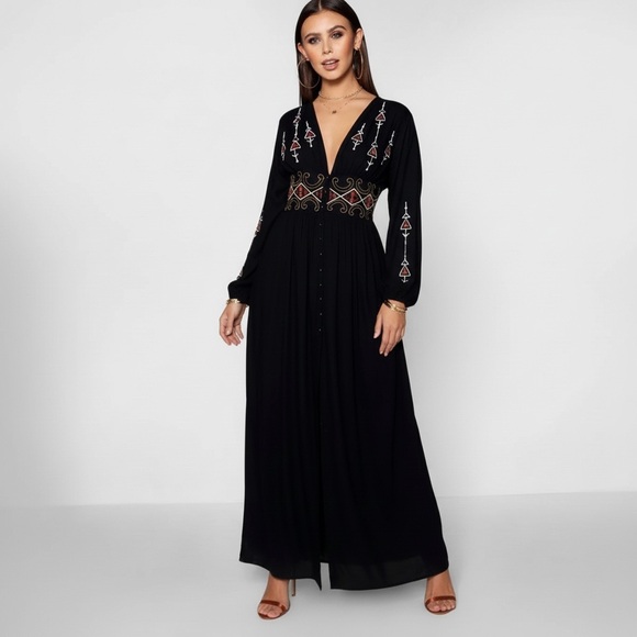 Boohoo Plus Dresses & Skirts - Boohoo | Plus Embroidered Plunge Maxi Dress Black - Size US12 | new with tags